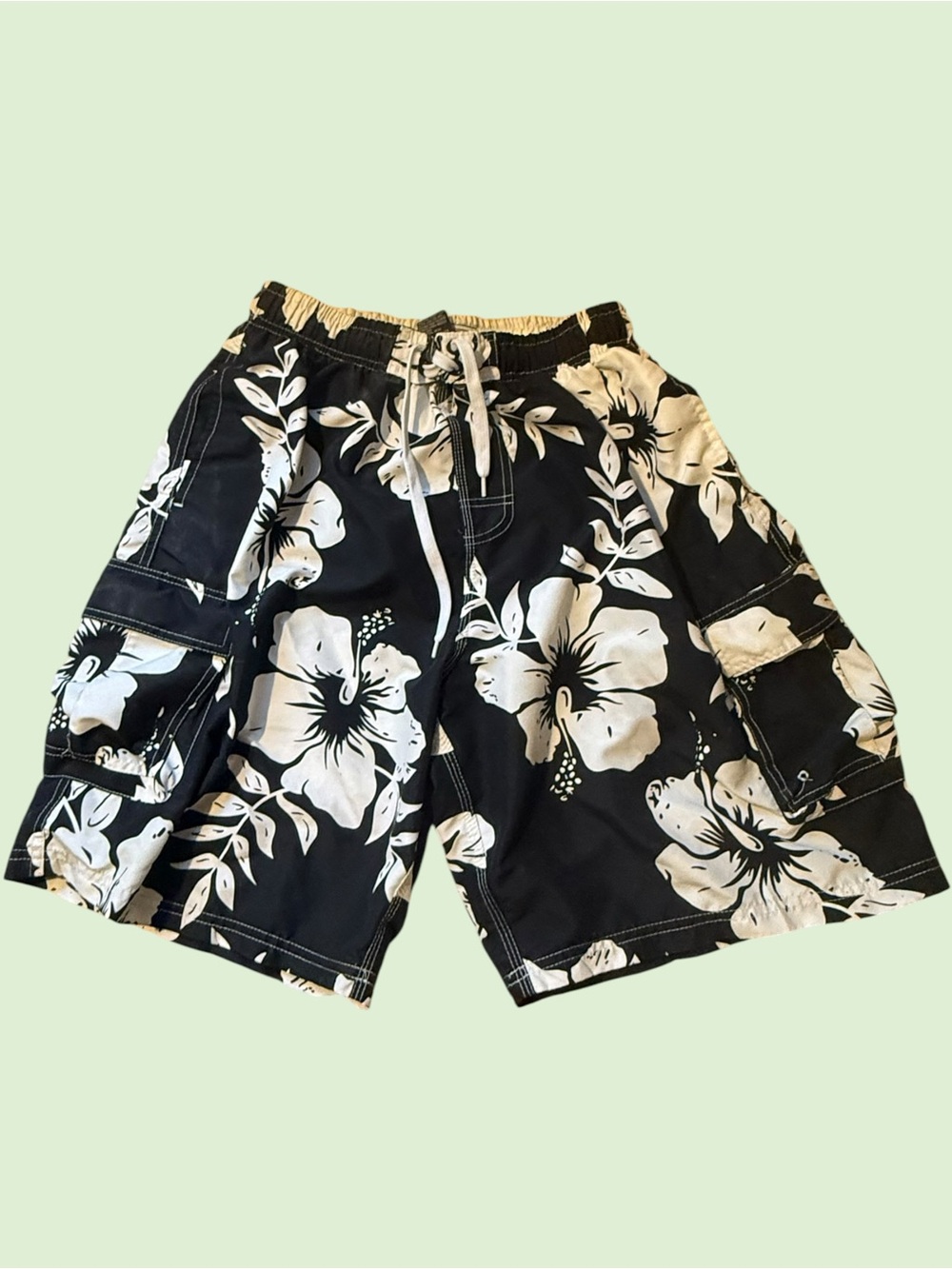 RS Surf Mens Hibiscus Floral Board Shorts Black White Cargo Swim Trunks Large